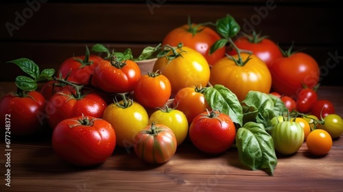 Ripe tomatoes of different variety red and yellow cherry and large on a wooden table