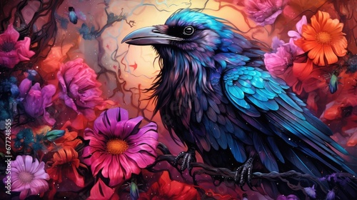  a painting of a black bird sitting on a branch with flowers in front of a full moon in the sky.  generative ai