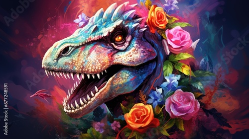  a close up of a painting of a dinosaur with flowers on it's head and a dragon's mouth.  generative ai © Oleg