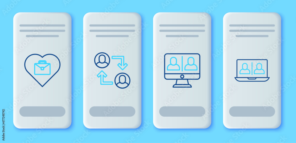 Set line Project team base, Video chat conference, Heart with text work and icon. Vector Set line Project team base, Video chat conference, Heart with text work and icon. Vector