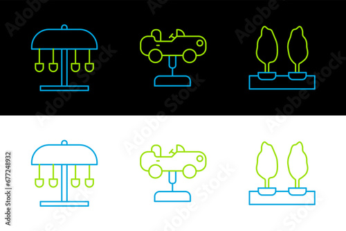 Set line Forest, Attraction carousel and Swing icon. Vector