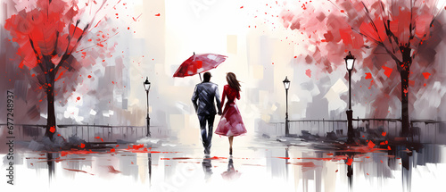 Romantic couple in love walking in the city. Art design for backdrop or wallpaper with copy space.
