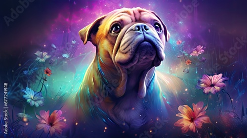  a painting of a dog sitting in a field of flowers with a purple sky in the background and pink and blue flowers in the foreground.  generative ai photo