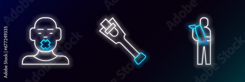 Set line Human broken arm, Head of deaf and dumb and Prosthesis leg icon. Glowing neon. Vector
