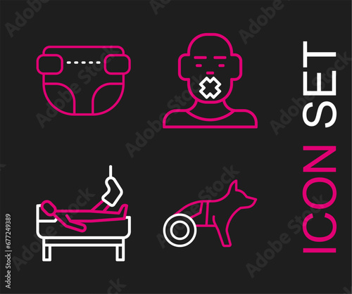 Set line Dog in wheelchair, Patient with broken leg, Head of deaf and dumb and Adult diaper icon. Vector © Oksana