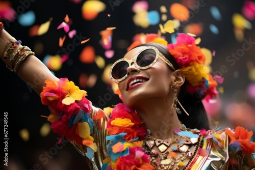 Bottom-up shot of beautiful Hispanic woman wearing carnival outfit, stylish sunglasses and headdress made of colorful flowers. Glamorous dancer among floating in the air colored petals. Glam, fashion.