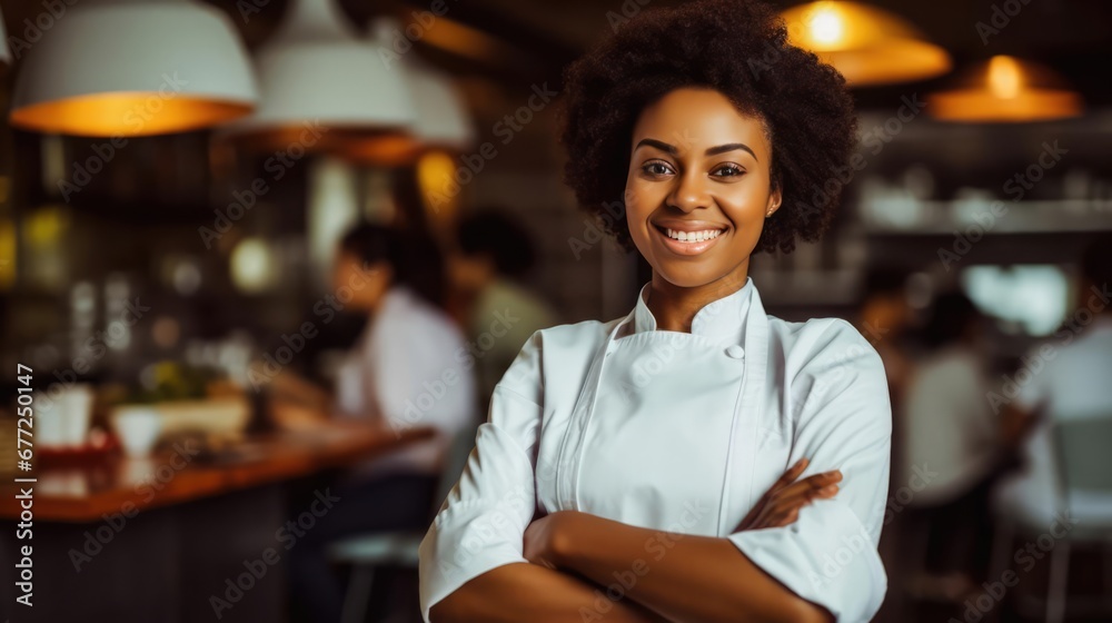 Fototapeta premium Smiling black female chef in her restaurant women and black owned business concept