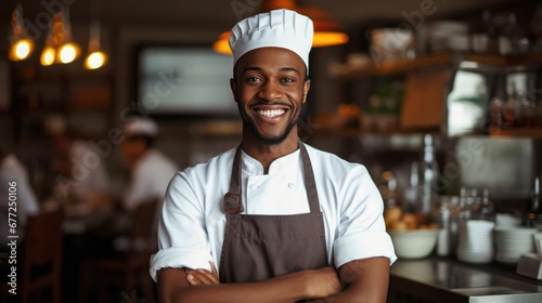 Smiling black chef in his restaurant black owned business concept