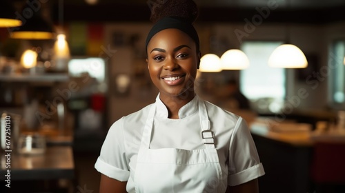 Smiling black female chef in her restaurant women and black owned business concept