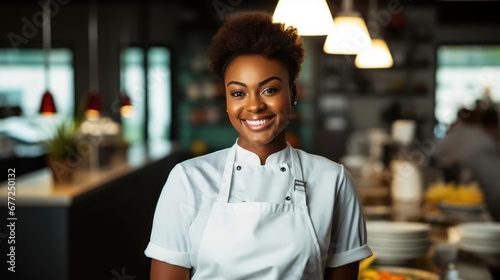 Smiling black female chef in her restaurant women and black owned business concept photo