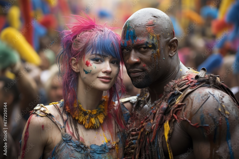 Happy young multiracial couple painted with bright multi-colored paints against the background of a cheerful crowd. A fragile Asian girl and a muscular African guy at a festival or fun celebration.