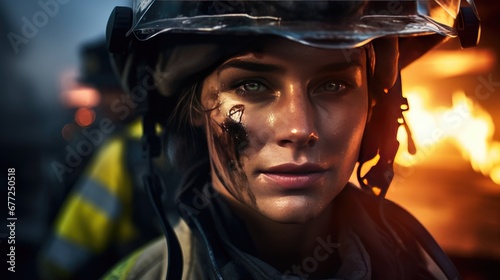 Close-up of a firefighter girl, all dirty after a fire photo