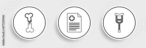 Set line Crutch or crutches, Human broken bone and Patient record icon. Vector