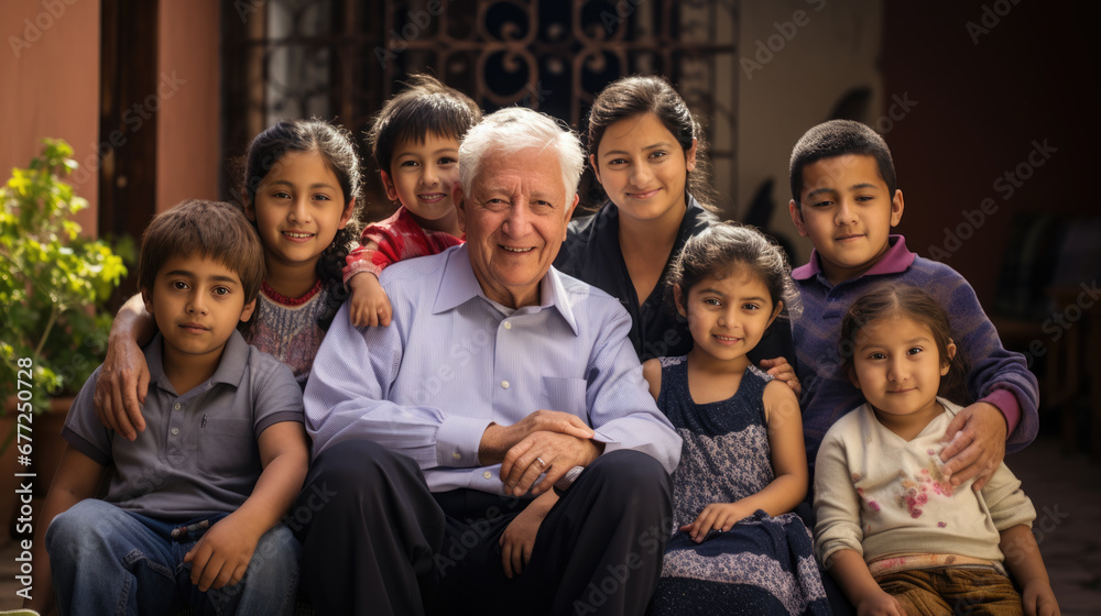 Elderly gentleman is sitting on a sofa with four young children, likely his grandchildren, all smiling and posing for a family portrait in a cozy home setting. Elderly gentleman is sitting on a sofa with four young children, likely his grandchildren, all smiling and posing for a family portrait in a cozy home setting.