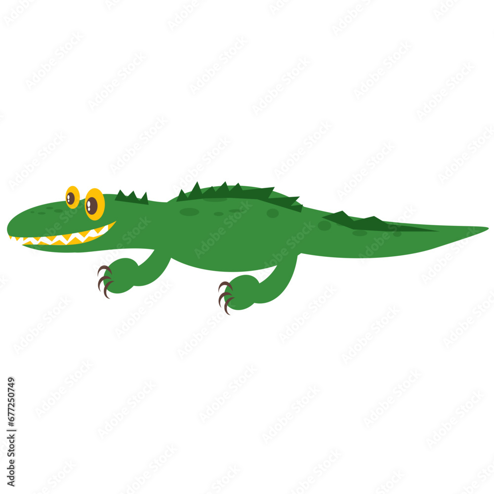 Fototapeta premium Cartoon green crocodile with yellow eyes and long tail