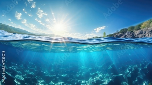 Split underwater view with sunny sky and serene sea