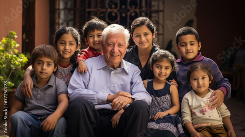 Elderly gentleman is sitting on a sofa with four young children, likely his grandchildren, all smiling and posing for a family portrait in a cozy home setting.