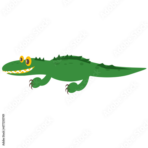 Cartoon green crocodile with yellow eyes and long tail