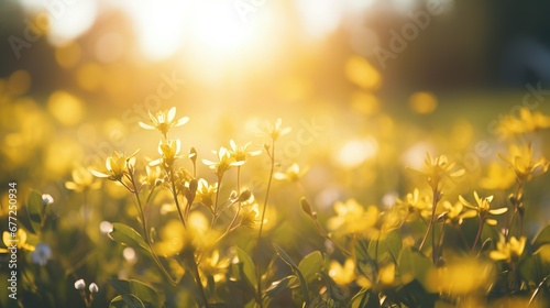 The sun is shining behind a field full of yellow flowers, in the style of bokeh, green, photo taken with nikon d750, light green and pink, konica auto s3, sparse and simple, bentwood photo