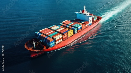 Top view of a container ship on the ocean, representing export, import, and logistic shipping