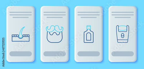 Set line Mustache and beard, Bottle of shampoo, Human hair follicle and Electric razor blade icon. Vector