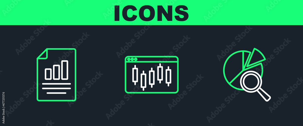 Set line Search data analysis, Document with graph chart and Browser stocks market icon. Vector Set line Search data analysis, Document with graph chart and Browser stocks market icon. Vector