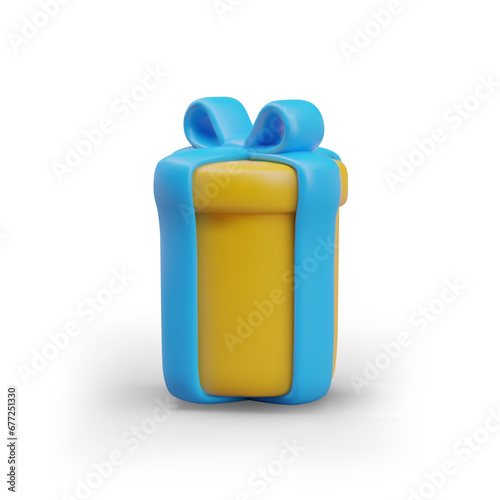 Vertical yellow box tied with blue ribbon. Concept of delicate gift. Illustration for holiday design. Color icon. Symbol of pleasant surprise. Advertising template, mockup