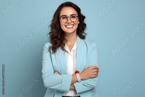 Slightly overweight businesswoman smiling confidently. Bold and vibrant clean minimalist studio portrait, copy space. photo