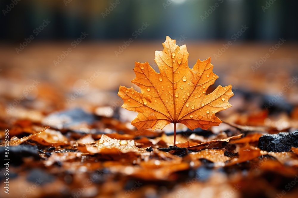 Gros plan d'une feuille d'automne debout avec des gouttes de pluie dessus. Close-up of a standing autumn leaf with raindrops on it.