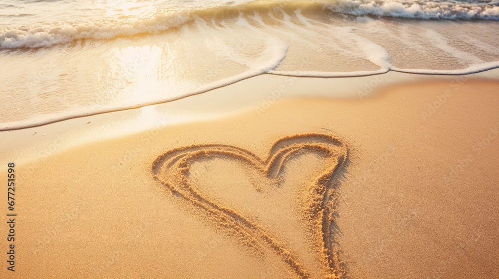 Two love hearts engraved in the sand at the beach, in the style of golden light, linear outlines, 3840x2160, expansive, natural, calm waters, organic contours