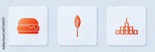 Set Indian feather, Burger and City landscape. White square button. Vector