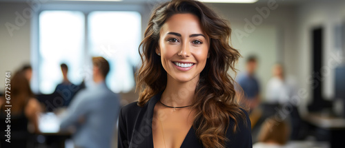 smiling business woman, with blur office background, empty copy space