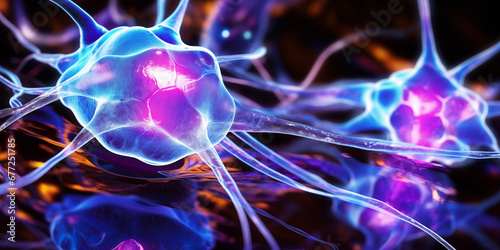 AI Illustration of neurons close-up, nerve node, neural network, brain, microscopic view of neuron cells with their axons, dendrites, synapses, neuronal network of brain cells, transmitting signals 