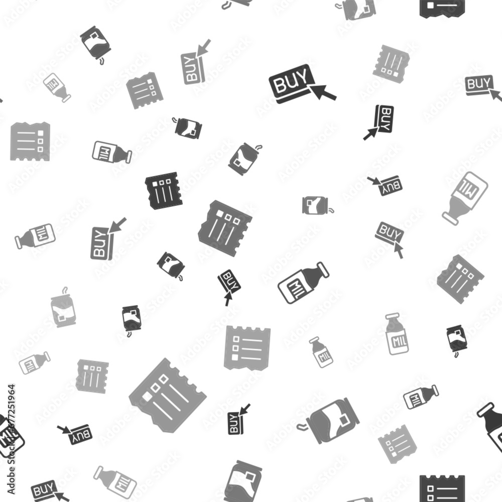 Set Buy button, Soda can, Bottle with milk and Shopping list on seamless pattern. Vector Set Buy button, Soda can, Bottle with milk and Shopping list on seamless pattern. Vector
