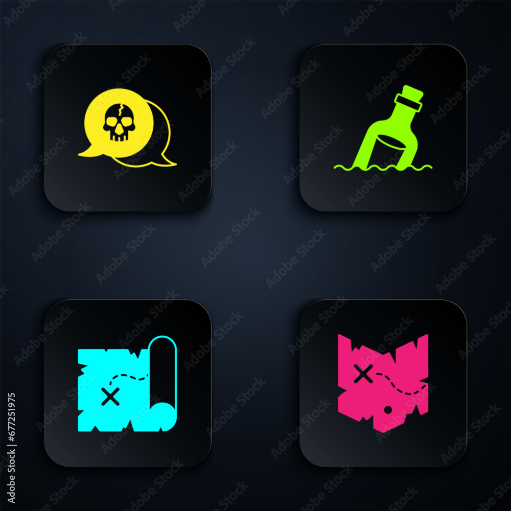 Set Pirate treasure map, Skull, and Bottle with message in water. Black square button. Vector Set Pirate treasure map, Skull, and Bottle with message in water. Black square button. Vector