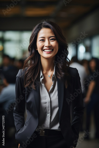 smiling business woman, with blur office background, empty copy space