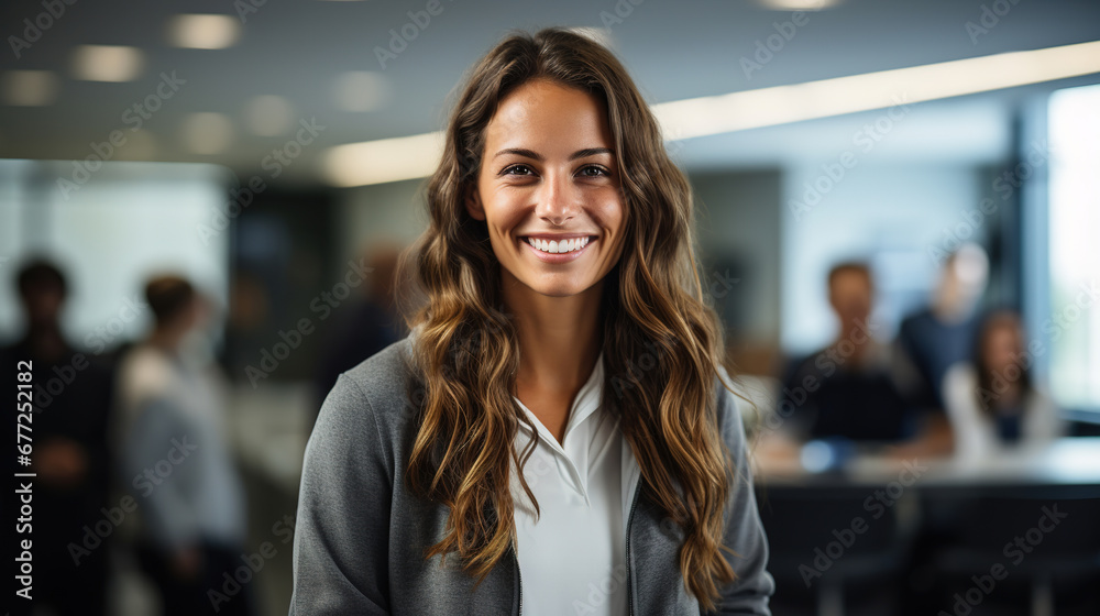 smiling business woman, with blur office background, empty copy space smiling business woman, with blur office background, empty copy space