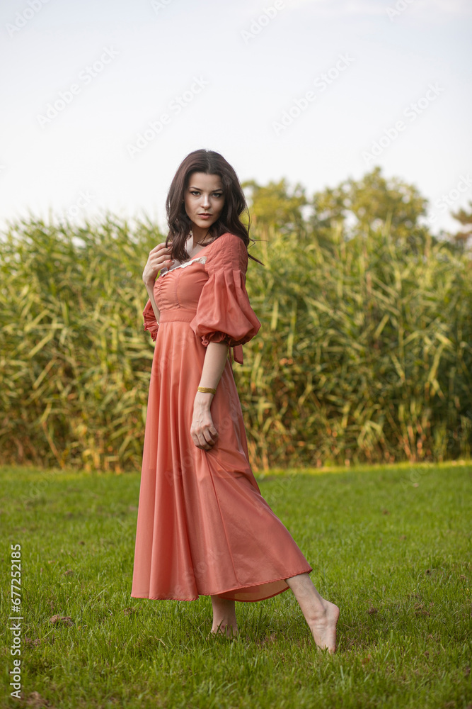 Portrait of a beautiful brunette girl in dress posing in the green park.
Portrait of a beautiful brunette girl in dress posing in the green park.