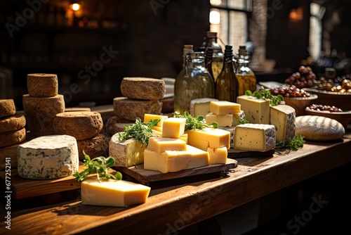 Private cheese shop. Many different types of cheese. Circles, halves, and quarters of cheese are laid out on a wooden shelf. cheese factory. Healthy delicious food, variety