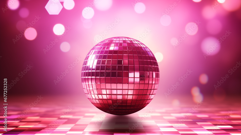 Fototapeta premium rosa pink Discokugel mit Lichtern und Lichteffekten und mit Platz für Text. Querformat. Generative Ai.
