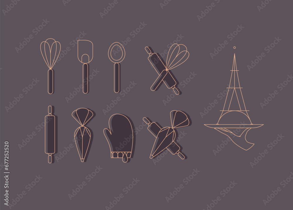 Kitchen utensils in art deco style to prepare bakery products whisk, spatula, measuring spoon, rolling pin, pastry bag, potholder, dish drawing with brown on chocolate color background