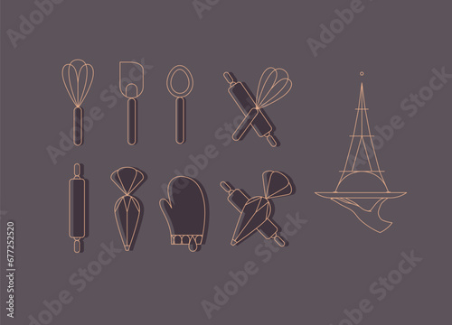 Obraz na płótnie Kitchen utensils in art deco style to prepare bakery products whisk, spatula, measuring spoon, rolling pin, pastry bag, potholder, dish drawing with brown on chocolate color background w salonie
