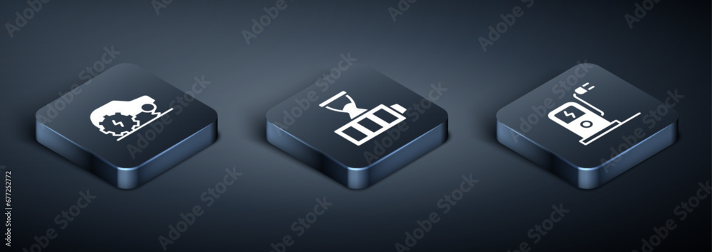 Set Isometric Electric car service, charging station and Battery charge icon. Vector Set Isometric Electric car service, charging station and Battery charge icon. Vector