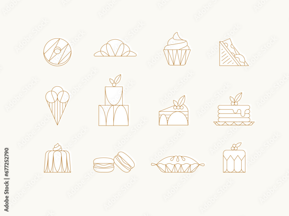 Dessert icons in art deco style doughnut, croissant, cupcake, sandwich, ice cream, cake, dessert, pancakes, macaroons, pie jelly drawing with white on beige background