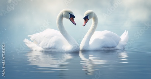 Two swans in love sitting at the surface of the water, in the style of graphical © LaxmiOwl