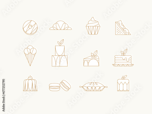 Dessert icons in art deco style doughnut, croissant, cupcake, sandwich, ice cream, cake, dessert, pancakes, macaroons, pie jelly drawing with white on beige background