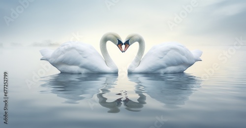 Two swans in love sitting at the surface of the water, in the style of graphical