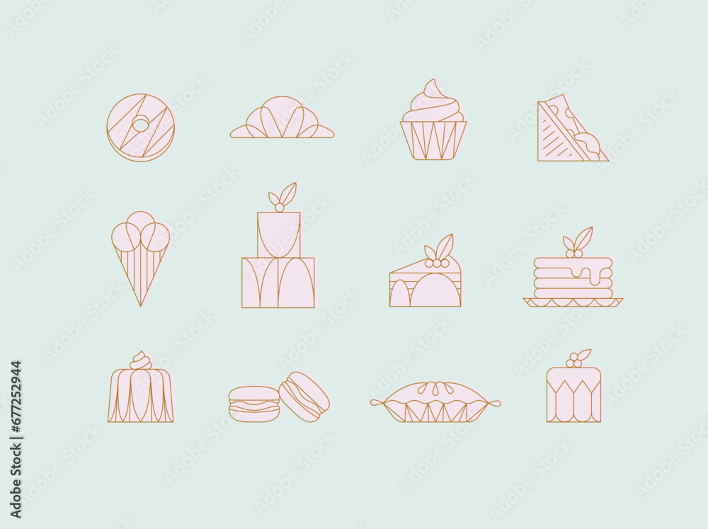 Dessert icons in art deco style doughnut, croissant, cupcake, sandwich, ice cream, cake, dessert, pancakes, macaroons, pie jelly drawing with pink on turquoise background