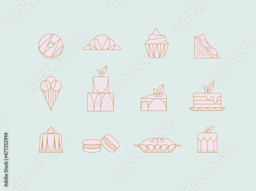 Obraz na płótnie Dessert icons in art deco style doughnut, croissant, cupcake, sandwich, ice cream, cake, dessert, pancakes, macaroons, pie jelly drawing with pink on turquoise background w salonie