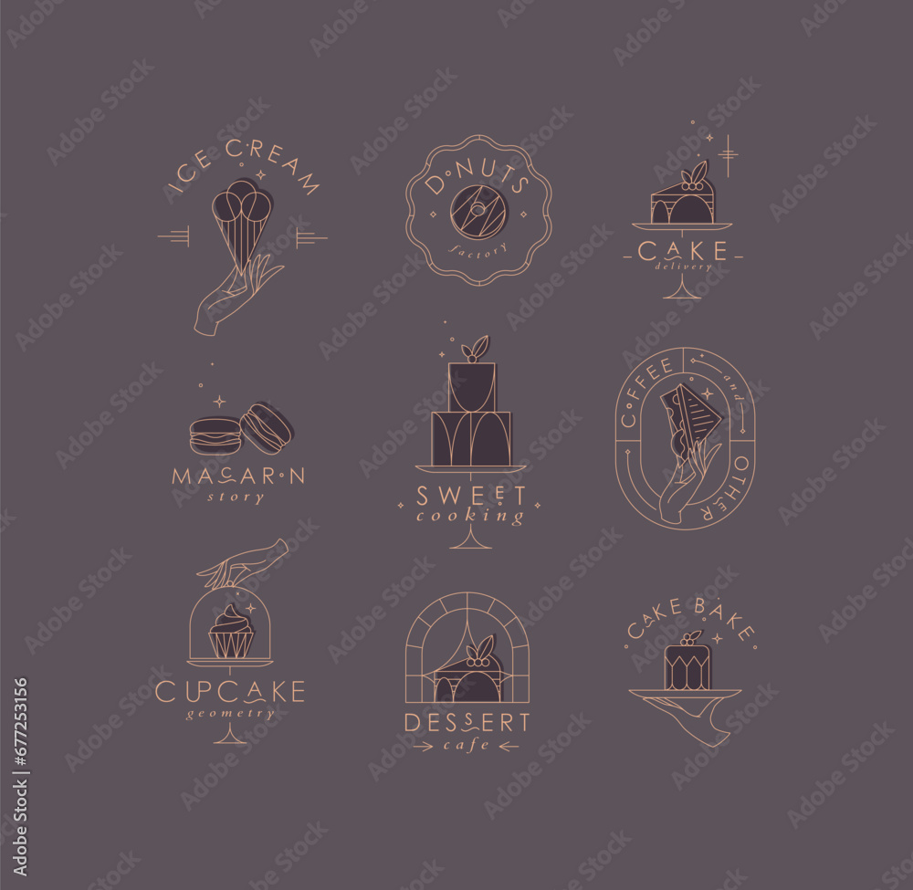 Bakery dessert labels with lettering in art deco style drawing with brown on chocolate color background